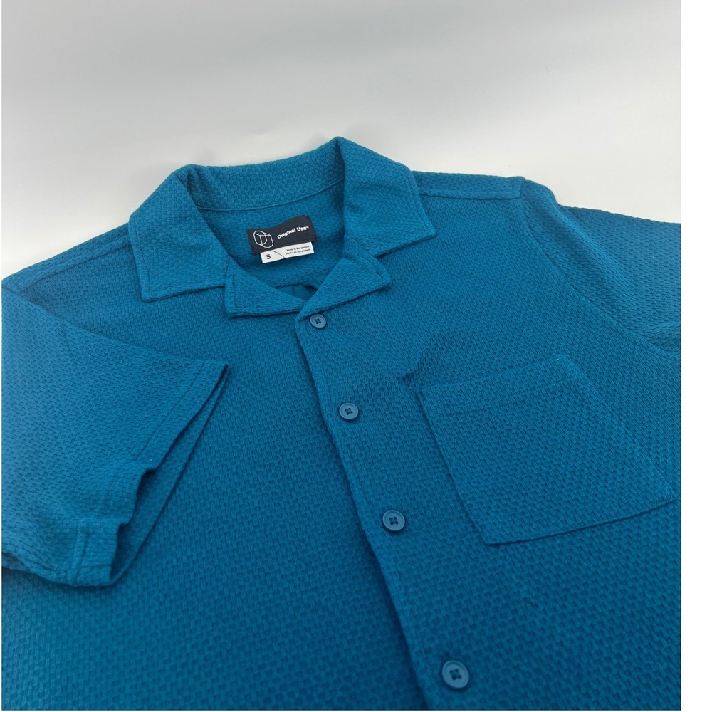 Original Use Teal Waffle Knit Short Sleeve Button Down Camp Shirt Small